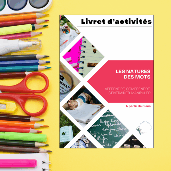 Couverture du livret d’activités natures des mots pour enfants – version éducative illustrée.