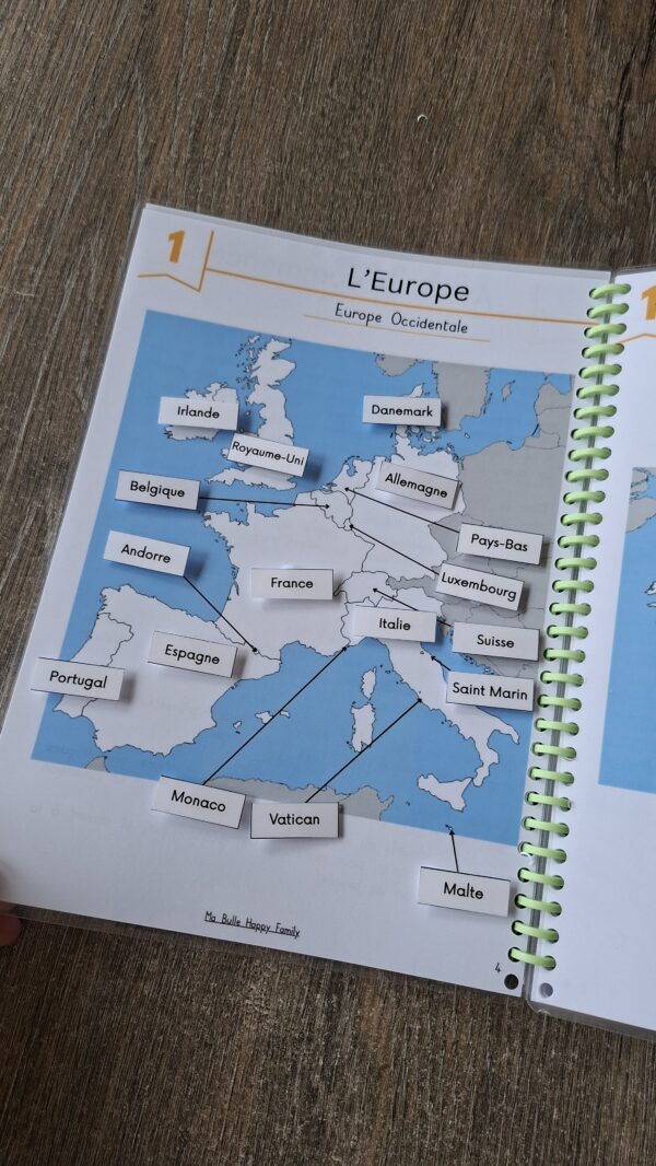 Livret d’activités pour enfants sur les pays du monde, présentation d'une page avec une carte et les noms à scratcher, pour apprendre la géographie en manipulant.
