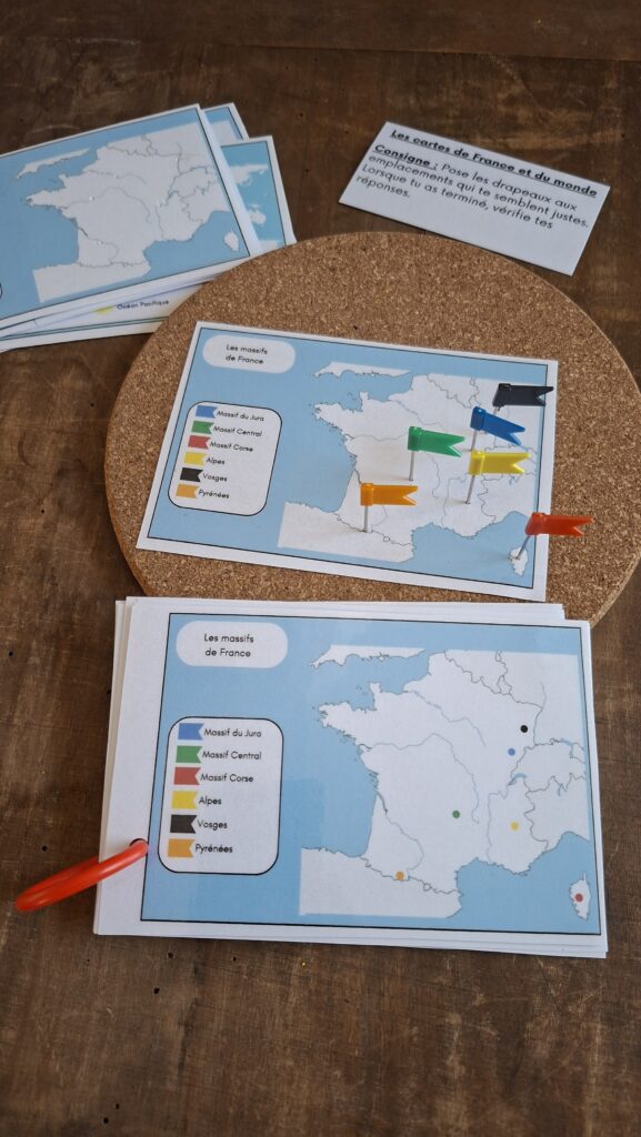 atelier autonome sous la forme d'un atelier de manipulation de cartes pour placer les massifs montagneux pour les enfants de cycle 3 en ief