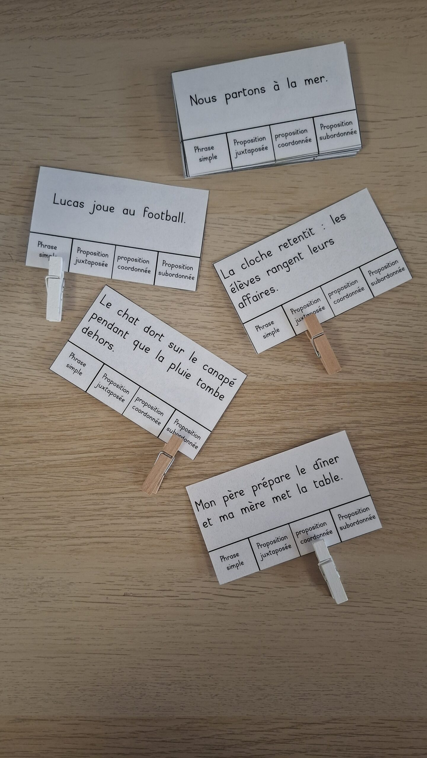 cartes à pinces les phrases simples et les phrases complexes - grammaire